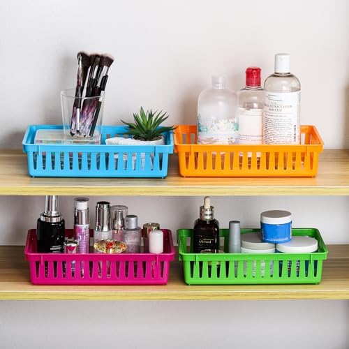 DEAYOU 16 Pack Classroom Storage Baskets Bins, Small Plastic Organizer Basket, Colorful Storage Trays, Crayon Pencil Containers for Paper, Desk, Shelf, Home School Office, 10.2" L x 6.5" W x 2.4" H - Image 6