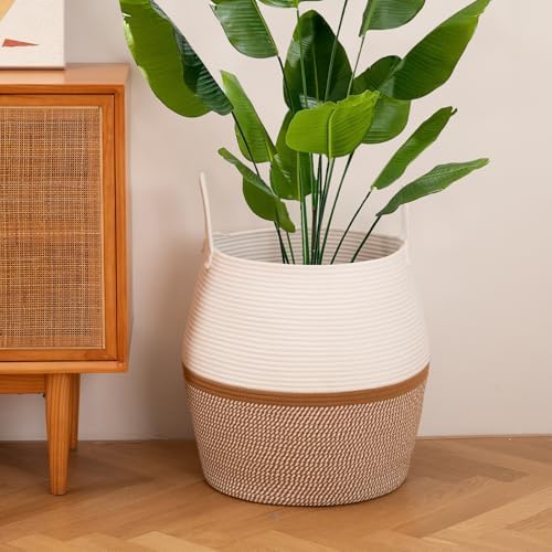 OIAHOMY 80L Blanket Basket with Handle, Storage Basket for Living Room, Laundry Hamper for Clothes, Towels, Pillows, Toy Storage for Kids and Dogs, Baby Hamper for Nursery - Brown & White - Image 6