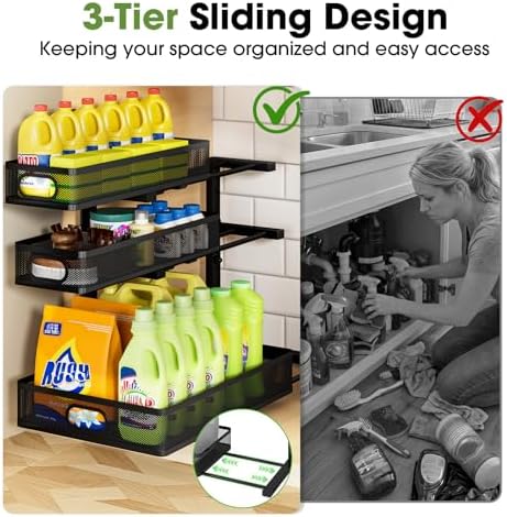 Under Sink Organizer 3 Tier, 4 Pack L-Shaped Pull-Out Cabinet Organizer with Sliding Metal Mesh Drawers, Height Adjustable Under Sink Storage Rack for Kitchen Bathroom Cabinet, Black - Image 5