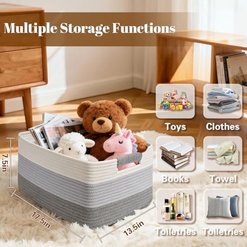 2 Pack Large Storage Basket for Organizing, 17.5"x13"x7" Woven Basket for Shelves, Closet Cube Storage Bins with Wrapped Handle, Cotton Rope Baskets for Kitchen, Clothes, Toys(Gradient Grey) - Image 2