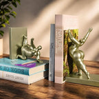 Sculptural Bookends Set of 2, Decorative Modern Bookends with Adjustable Phone & Tablet Holder, Artistic Resin Book Ends for Shelves, Heavy Duty Home & Office Decor – Metallic Sage - Image 7