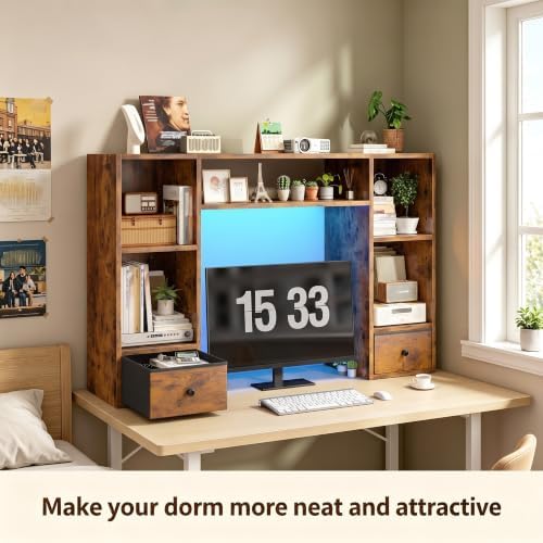 REIBII 47.2" Desktop Bookshelf, 6 Shelves & 2 Drawers, LED Lights, Brown - Image 4