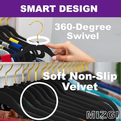 MIZGI Black Velvet Hangers 100 Pack,Premium Gold Clothes Hangers Non-Slip Felt Hangers,Sturdy Black Hangers Heavy Duty Coat Hangers,Durable Suit Hangers Space Saving, No Flocked Hanger Marks - Image 3