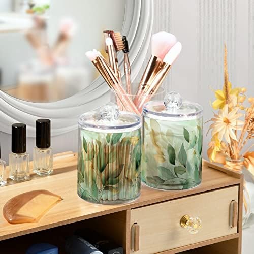 Vnurnrn Green Gold Leaves Clear Plastic Jar Set for Cotton Swab Cotton Ball Cotton Round Pads Floss, Bathroom Canisters Storage Organizer, Vanity Makeup Organizer 4 Pack - Image 6