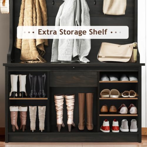 4ever2buy Farmhouse Hall Tree with Bench & Shoe Storage，Oak - Image 6