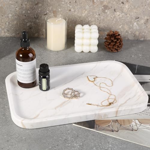 Karibiber Marble Vanity Tray, Marble Bathroom Tray Countertop, Decorative Trays for Dresser Organizer, White Stone Storage Serving Trays for Kitchen, Perfume, Jewelry Cathall Holder, Unique Veining - Image 5