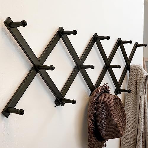 SKOLOO Hat Rack for Wall with 14 Hooks, Solid Wooden, Modern, Expandable Coat Rack Wall Mount for Coats, Hats, Bags, Baseball Caps, Dark Walnut Color - Image 2