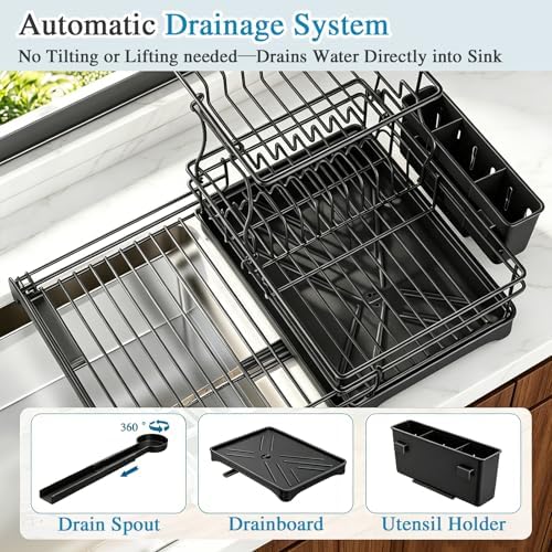 2 Tier Dish Drying Rack, Large Extendable Dish Racks for Kitchen Counter , Dishrack with Drainboard, 2-in-1 Anti-Rust Stainless Steel Dish Drainer with Utensil Holder (Black, double of Dish Rack) - Image 6