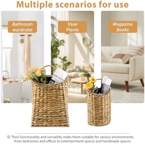 2 Pack Woven Hanging Basket Set, Wicker Wall Baskets Handmade Seagrass Planters for Front Door, Garden, Farmhouse Home Decor - Image 5