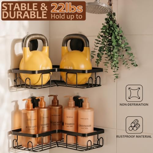 Moforoco Corner Shower Caddy Suction Cup, No Drilling Stainless Steel Shower Shelves, Portable/Movable Large Suction Cup Shower Organizer with Hooks Bathroom Storage Rack(Black) - Image 3