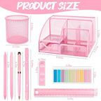 Pink Office Supplies, 17Pcs Pink Desk Accessories Set Include Stapler, Mesh Desk Organizer, Tape Dispenser, Staple Remover, Pen Holder, Clips, Pens, Ruler, for Office Home School Women Students Gift - Image 2