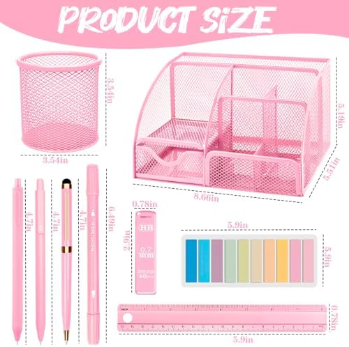 Pink Office Supplies, 17Pcs Pink Desk Accessories Set Include Stapler, Mesh Desk Organizer, Tape Dispenser, Staple Remover, Pen Holder, Clips, Pens, Ruler, for Office Home School Women Students Gift - Image 2