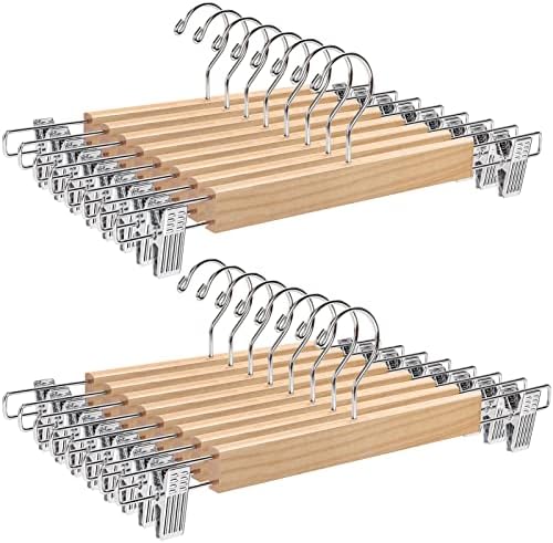 Amber Home 24Pack Wooden Pant Hangers with Adjustable Clips, 14.17" Natural by AmberHome