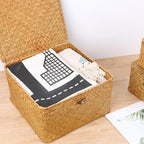 Moosky Wicker Shelf Baskets with Lid, Handwoven Seagrass Storage Basket Bins Square Gift Boxes for Shelves Home Decor Organizer (Natural, Set of 4) - Image 7