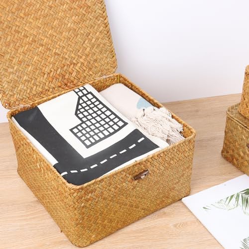 Moosky Wicker Shelf Baskets with Lid, Handwoven Seagrass Storage Basket Bins Square Gift Boxes for Shelves Home Decor Organizer (Natural, Set of 4) - Image 7