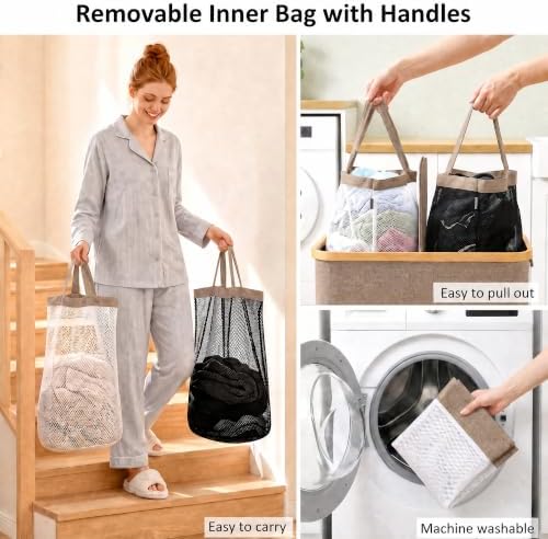 efluky Double Laundry Hamper with Lid and 2 Removable Bags, Brown - Image 2