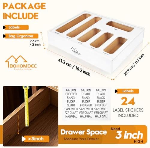 6 in 1 Bamboo Bag Storage Organizer, White Baggie Organizer for Drawer with Sliding Lid - Fits Gallon, Quart, Sandwich, Snack & Freezer Bags, Wall Mountable Kitchen Drawer Organization - Image 3