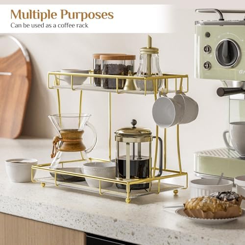 Bathroom Organizer Countertop Perfume Organizer Makeup Organizer Cosmetics Storage Display Rack Vanity Tray Dresser Steel Gold Shelf Transparency Wavy Acrylic Tray (2 Tier Golden) - Image 6