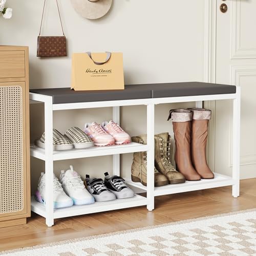 ZHOOGE Shoe Bench & Rack Storage Bench with Seat Cushion, Stable Entryway Bench Holds Up to 300 lb, (35" L x 12" W x 17" H, White) by ZHOOGE
