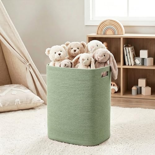 MEGASKET Large Laundry Hamper 16"x13"x22" - Tall Woven Baby Laundry Basket, Decorative Cotton Rope Dirty Clothes Hamper Bin, Green Room Decor, Bedroom Bathroom Aesthetic, Soft Green Hamper, 75L - Image 4