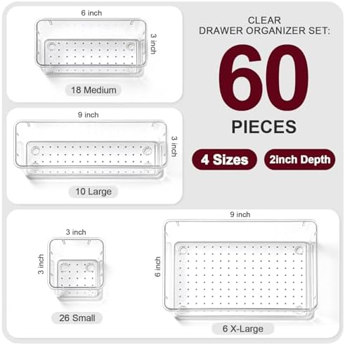 60 Pcs Makeup Drawer Organizer Set, 4 Sizes Versatile Bathroom and Vanity Drawer Organizer for Makeup, Non-Slip Desk Organizer Trays for Bedroom, Office, Fits Jewelry and Office Supplies - Image 2