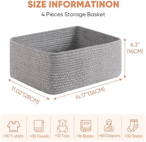 OIAHOMY 4 Pack 14.17 * 11.02 * 6.3IN Storage Baskets for Organizing Shelves, Woven Rope Baskets for Organizing Books, Clothes, Decorative Basket for Living Room, Nursery, Bedroom, Gift Basket, Grey - Image 2