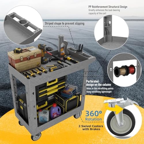 2-Shelf Heavy Duty Utility Cart with Wheels, 34 x 17-Inch Plastic Rolling Tool Cart, 550 lbs Capacity Mechanic Work Cart for Garage,Warehouse,Workshop - Image 3
