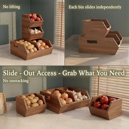 Acacia Pantry Storage Bins Set of 3, Stackable Potato Onion Wood Baskets - Image 4