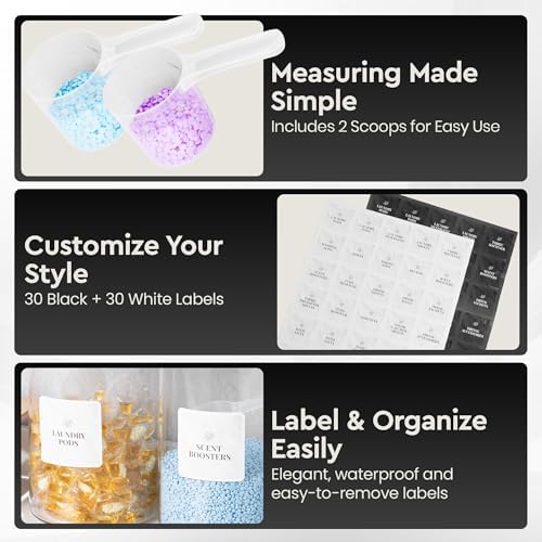 Laundry Pod Storage Container Set | Two 3L Glass Jars & One Acrylic Dryer Sheet Container with Bamboo Lids – Includes 2 Scoops, 60 Waterproof Laundry Labels – Dishwasher Safe - Image 3