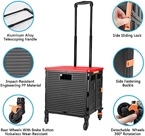 Quick Utility Cart Folding Portable Rolling Crate Handcart with Durable Heavy Duty Plastic Telescoping Handle Collapsible 4 Rotate Wheels for Travel Shopping Moving Luggage Office Use (Black&red lid) - Image 4