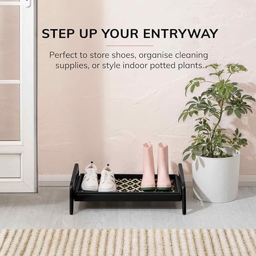 Anji Mountain Heavy Duty Waterproof Wooden Shoe Storage Mat Organizer/Boot Storage Tray Multi Use for Entryway with Coir, Black and Ivory Insert, 1 Tier, Fits 2 Pair (26.5" Wide) - Image 2