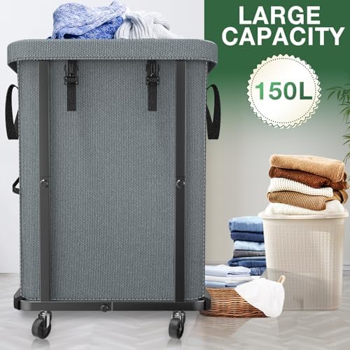 40 Gal(150L) Laundry Basket with Lid, Rolling Laundry Hamper with Wheels, Dirty Clothes Hamper with Metal Frame and Removable Bag Design, Suitable for Laundry Room, Bedroom - Grey (Pack of 2) - Image 2