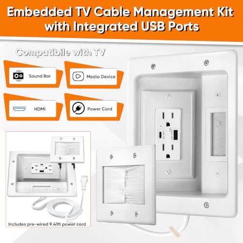 in-Wall TV Cable Management Kit with Power, AC Outlet & USB-A + USB-C Ports - Image 3