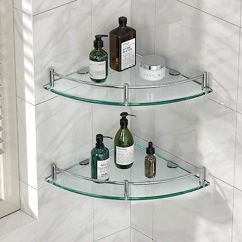 Glass Corner Shelves Tempered Bathroom Eestantes para Baños with Rail Wall Mounted Drill Hole for Corner Shower Shelf for Inside Shower 2 Pack（Sliver） by YorkHoMo