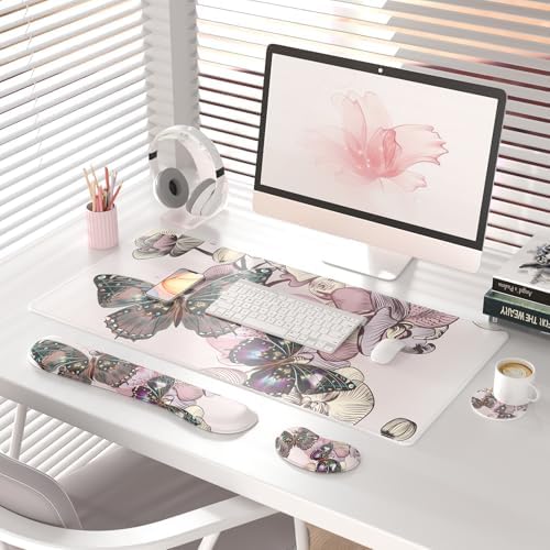 QiyI PU Leather Desk Mat Set, 4-in-1 Ergonomic Wrist Rest, Butterflies - Image 2