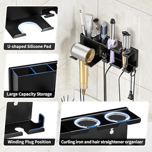 Hair Dryer Holder, Hair Tool Organizer Wall Mount, Adhesive or Drill, Black - Image 6