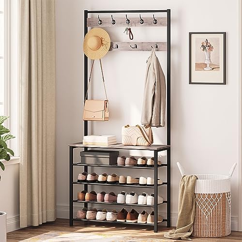 HOOBRO Hall Tree, Coat Rack with Shoe Rack, Hall Tree with Bench, 5 Tier Shoe Storage Organizer with 9 Hooks for Entryway, Closet, Sturdy, Industrial, Greige and Black BG80MT01G2 - Image 3