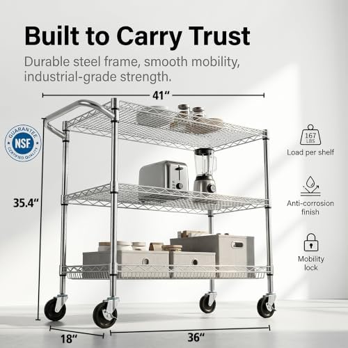 Finnhomy 3 Tier Heavy Duty Commercial Grade Utility Cart, Wire Rolling Cart with Pushing Handle Bar, Steel Metal Kitchen Service Trolly with Wheels, Shelf Size 18" D x 36" W, NSF, Chrome - Image 3