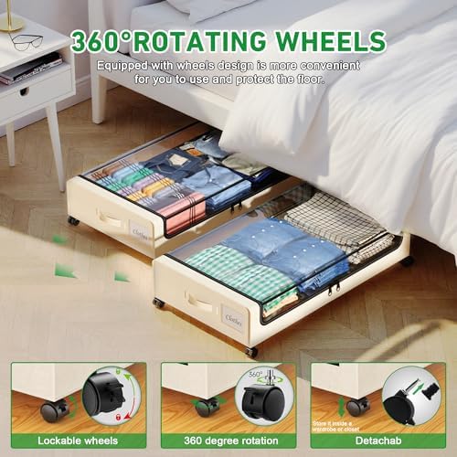 Beborxue Under Bed Storage with Wheels, 2-Pack Under the Bed Storage Containers with Lids, XXL 60L Under Bed Shoes Storage Organizer Bins, Rolling Underbed Storage for Clothes, Shoes, Blankets (Beige) - Image 4