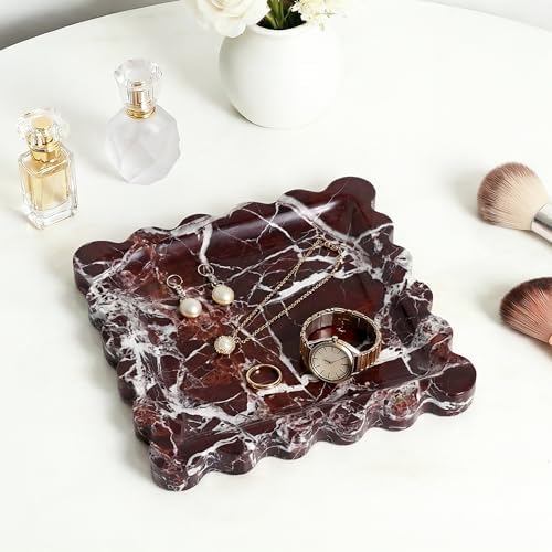 Scalloped Square Marble Decorative Tray, Natural Stone Vanity & Jewelry Tray, Trinket Organizer for Ring, Key, Dresser, Nightstand, Bathroom Counter & Kitchen Sink(Rosso Lepanto) - Image 2