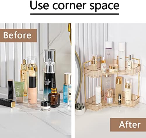 shuang qing 2-Tier Corner Bathroom Counter Organizer – Classic Storage Shelf for Makeup, Perfume & Toiletries, Space-Saving Countertop Tray Fits Bathroom, Dresser, Kitchen (Vintage Gold) - Image 5