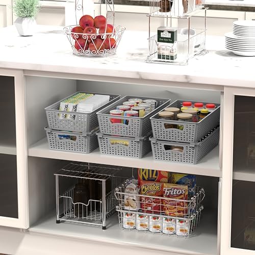 Simple Houseware Stackable Plastic Woven Basket Organizer, 6 Pack, Gray - Image 2