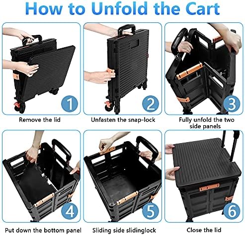 Utility Cart Folding Portable Rolling Crate Handcart with Lid Durable Heavy Duty Plastic Telescoping Handle Collapsible 360 Degree Rotate Wheels for Travel Shopping Moving Luggage Office Use,Black - Image 2
