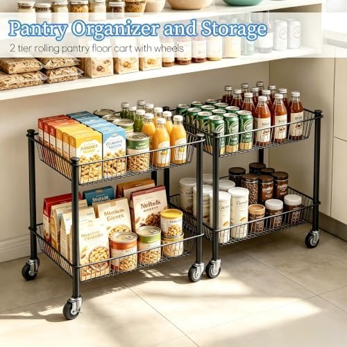 2 Tier Rolling Pantry Cart on Wheels Thick Metal Pantry Floor Organizer Small Utility Cart for Small Space, Fruit Vegetables Rack for Kitchen, Under Desk Storage Onion Potato Storage Basket, Black - Image 2