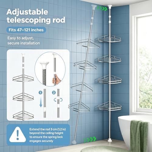 Corner Shower Caddy Tension Pole, 4-Tier SS Bathroom Storage Rack - Image 4