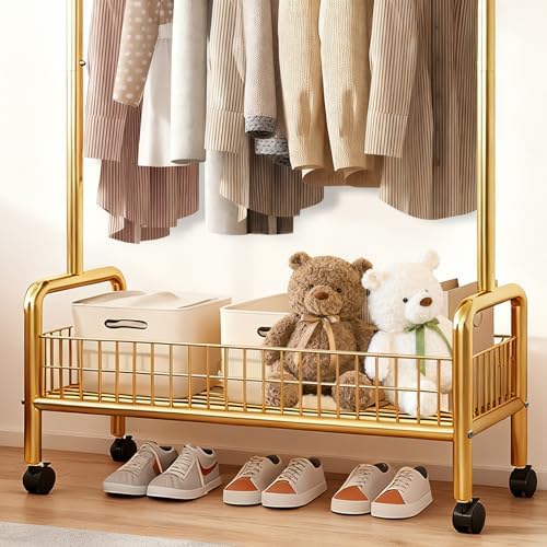 MYUPDALIN Rolling Metal Clothes Rack with Shelves & Storage Basket, Gold - Image 4
