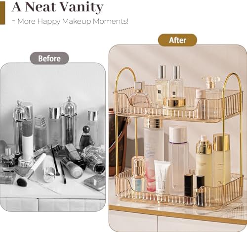Aveniee Bathroom Counter Organizer, 2 Tier Perfume Skin Care Countertop Storage Shelf, Vanity Makeup Tray for Cosmetic Skincare Lotion, Gold - Image 5