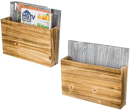 MyGift Wall Mounted Magazine Holder, Solid Gray and Burnt Wood Document Paper File Folder Rack, Home Office Dorm Room Organizer, Set of 2 by MyGiftHome