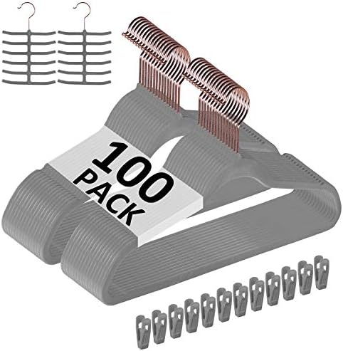 VECELO Premium Velvet Clothes Hangers Suit Heavy Duty (100 Pack)-Non Slip & Space-Saving with 12 Finger Clips & 2 Tie Rack Excellent for Men and Women,Gray by VECELO
