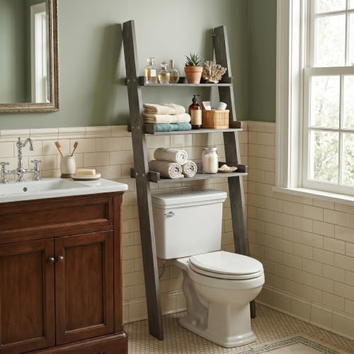 MyGift Over The Toilet Storage Ladder Shelf, 3 Tier Wood Bathroom Organizer, Above The Storage Shelves Leaning Rack Stand Gray - Image 2
